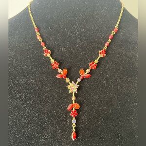 90s Vintage Avon Red Rhinestone Aurora Borealis Y Necklace Gold Floral Drop